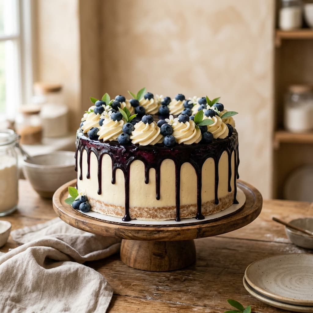Blueberry Compote Glaze Drip Celebration Cake — 100% eggless cake by Nova Cakes, Halifax & Dartmouth