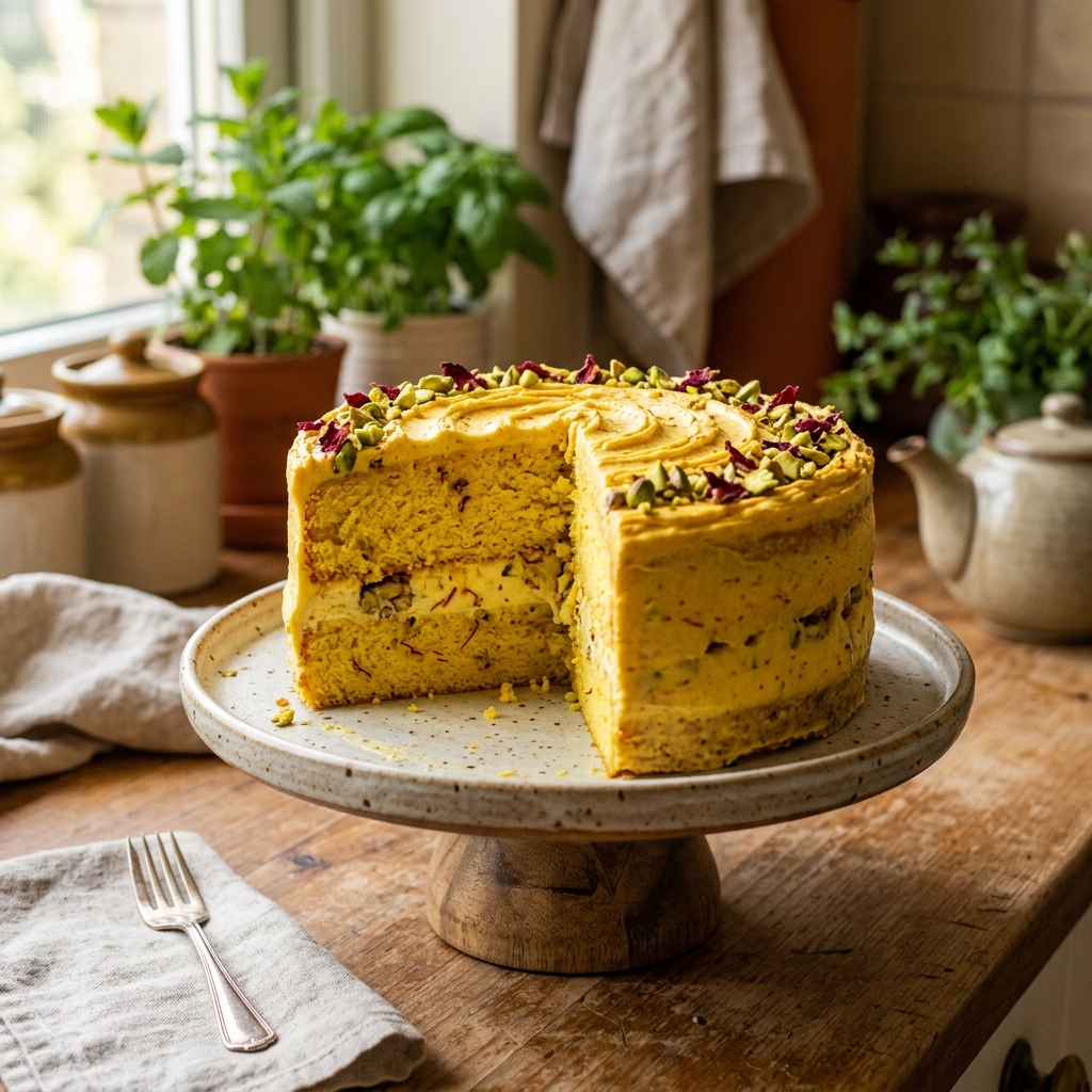 Signature eggless Rasmalai fusion cake with pistachios by Nova Cakes in Halifax